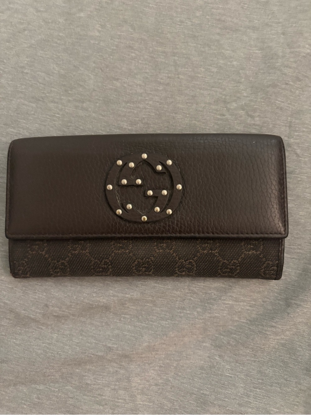 Gucci Dark Brown Leather Continental Wallet with Logo Studs